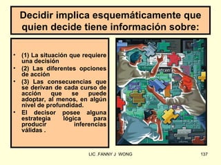 Decidir implica esquemáticamente que
    quien decide tiene información sobre:

•   (1) La situación que requiere
    una decisión
•   (2) Las diferentes opciones
    de acción
•   (3) Las consecuencias que
    se derivan de cada curso de
    acción     que    se    puede
    adoptar, al menos, en algún
    nivel de profundidad.
•   El decisor posee alguna
    estrategia     lógica     para
    producir           inferencias
    válidas .


                           LIC .FANNY J WONG   137
 