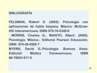 BIBLIOGRAFÍA

FELDMAN, Robert S. (2005). Psicología con
aplicaciones de habla hispana. México: McGraw-
Hill interamericana, ISBN 970-10-5348-6
  MORRIS, Charles G., MAISTO, Albert. (2005).
Psicología. México.: Editorial Pearson Educación.
ISBN .970-26-0585-7
MYERS, David G..Psicología .Buenos Aires:
Editorial      Médica      Panamericana.    ISBN
86-79053-917-5.


                  LIC .FANNY J WONG             144
 
