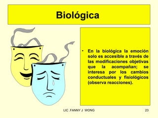 Biológica


           •   En la biológica la emoción
               solo es accesible a través de
               las modificaciones objetivas
               que la acompañan; se
               interesa por los cambios
               conductuales y fisiológicos
               (observa reacciones).




 LIC .FANNY J WONG                        23
 