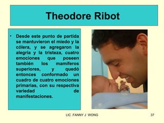 Theodore Ribot
•   Desde este punto de partida
    se mantuvieron el miedo y la
    cólera, y se agregaron la
    alegría y la tristeza, cuatro
    emociones      que    poseen
    también     los    mamíferos
    superiores,      y     quedó
    entonces conformado un
    cuadro de cuatro emociones
    primarias, con su respectiva
    variedad                  de
    manifestaciones.


                          LIC .FANNY J WONG   37
 