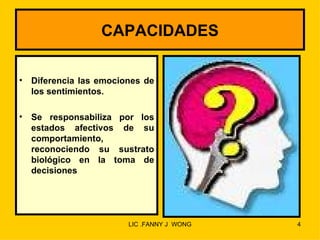 CAPACIDADES

•   Diferencia las emociones de
    los sentimientos.

•   Se responsabiliza por los
    estados afectivos de su
    comportamiento,
    reconociendo su sustrato
    biológico en la toma de
    decisiones




                         LIC .FANNY J WONG   4
 
