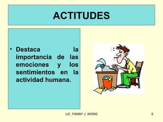 ACTITUDES


• Destaca           la
  importancia de las
  emociones y los
  sentimientos en la
  actividad humana.




                 LIC .FANNY J WONG   6
 