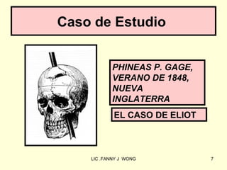 Caso de Estudio


           PHINEAS P. GAGE,
           VERANO DE 1848,
           NUEVA
           INGLATERRA
            EL CASO DE ELIOT



    LIC .FANNY J WONG          7
 
