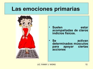 Las emociones primarias


                  • Suelen            estar
                    acompañadas de claros
                    indicios físicos.

                  • Se             activan
                    determinados músculos
                    para apoyar ciertas
                    acciones



        LIC .FANNY J WONG                72
 