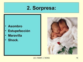 2. Sorpresa:


•   Asombro
•   Estupefacción
•   Maravilla
•   Shock.




                    LIC .FANNY J WONG   76
 