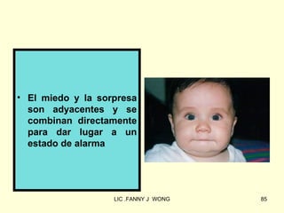 • El miedo y la sorpresa
  son adyacentes y se
  combinan directamente
  para dar lugar a un
  estado de alarma




                   LIC .FANNY J WONG   85
 