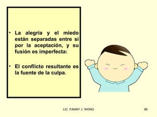 • La alegría y el miedo
  están separadas entre sí
  por la aceptación, y su
  fusión es imperfecta:

• El conflicto resultante es
  la fuente de la culpa.




                     LIC .FANNY J WONG   86
 