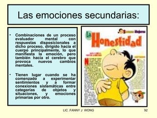 Las emociones secundarias:
•   Combinaciones de un proceso
    evaluador      mental       con
    respuestas disposicionales a
    dicho proceso, dirigido hacia el
    cuerpo principalmente, lo que
    manifiesta la emoción, pero
    también hacia el cerebro que
    provoca    nuevos      cambios
    mentales.

•   Tienen lugar cuando se ha
    comenzado      a    experimentar
    sentimientos     y    a   formar
    conexiones sistemáticas entre
    categorías    de     objetos   y
    situaciones,     y    emociones
    primarias por otro.


                             LIC .FANNY J WONG   92
 