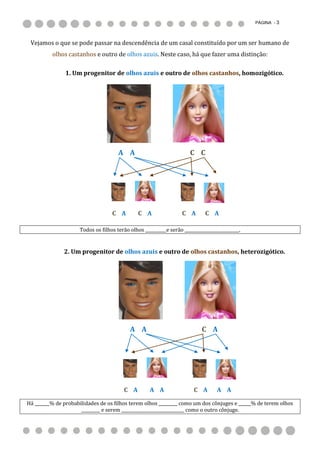 PÁGINA - 3



 Vejamos o que se pode passar na descendência de um casal constituído por um ser humano de
          olhos castanhos e outro de olhos azuis. Neste caso, há que fazer uma distinção:

               1. Um progenitor de olhos azuis e outro de olhos castanhos, homozigótico.




                                      A A                              C C




                                   C A         C A                 C A        C A

                     Todos os filhos terão olhos __________e serão __________________________.


               2. Um progenitor de olhos azuis e outro de olhos castanhos, heterozigótico.




                                           A A                              C A




                                         C A        A A                 C A        A A

Há _______% de probabilidades de os filhos terem olhos _________ como um dos cônjuges e ______% de terem olhos
                      _________ e serem ______________________________ como o outro cônjuge.
 