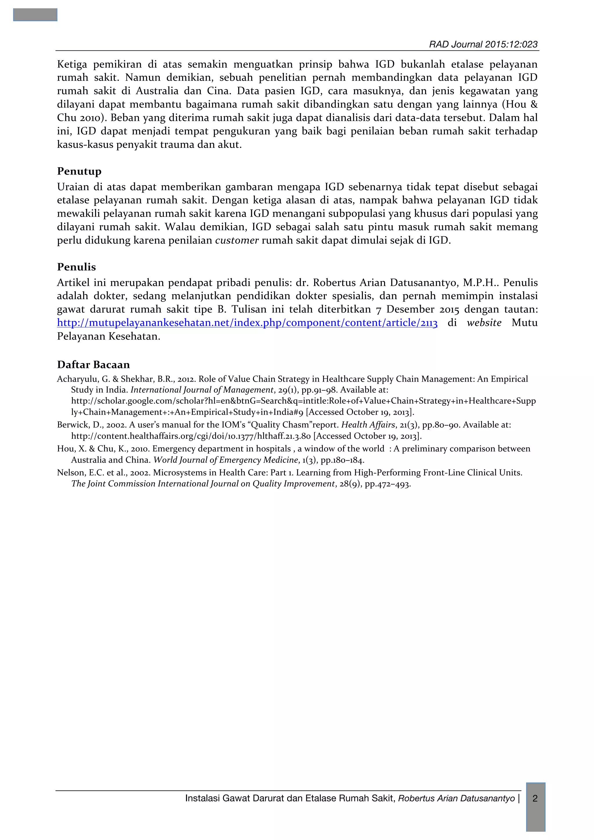 Instalasi Gawat Darurat dan Etalase Rumah Sakit | PDF