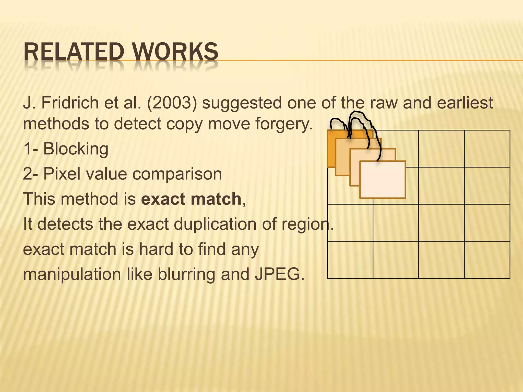J. Fridrich et al. (2003) suggested one of the raw and earliest
methods to detect copy move forgery.
1- Blocking
2- Pixel value comparison
This method is exact match,
It detects the exact duplication of region.
exact match is hard to find any
manipulation like blurring and JPEG.
RELATED WORKS
 
