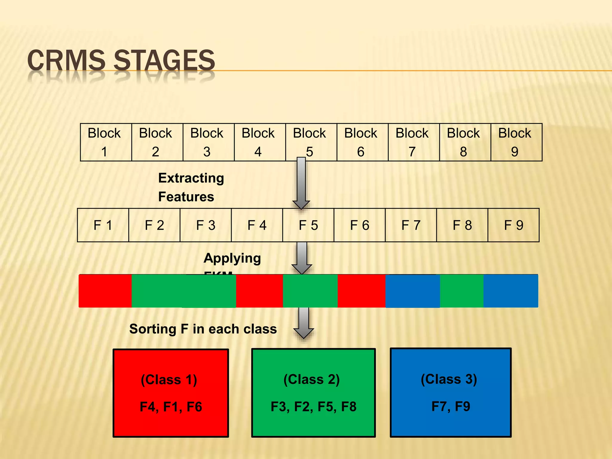 F 9F 8F 7F 6F 5F 4F 3F 2F 1
CRMS STAGES
F 9F 8F 7F 6F 5F 4F 3F 2F 1
(Class 1)
F4, F1, F6
(Class 2)
F3, F2, F5, F8
(Class 3)
F7, F9
Sorting F in each class
Applying
FKM
Block
9
Block
8
Block
7
Block
6
Block
5
Block
4
Block
3
Block
2
Block
1
Extracting
Features
 