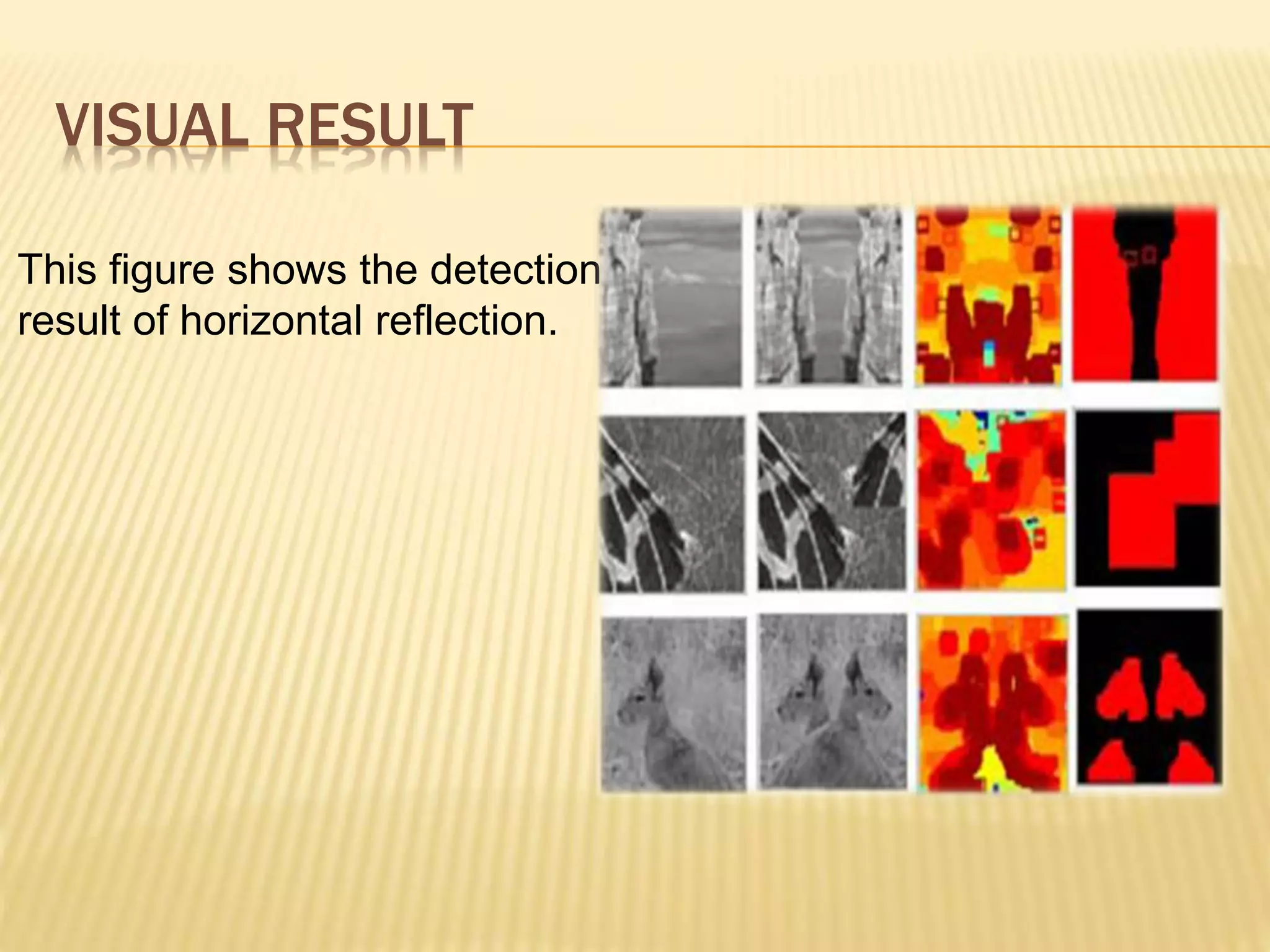 This figure shows the detection
result of horizontal reflection.
VISUAL RESULT
 