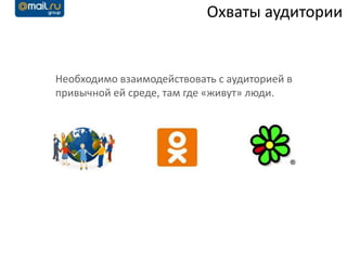 Охваты аудитории


Необходимо взаимодействовать с аудиторией в
привычной ей среде, там где «живут» люди.
 