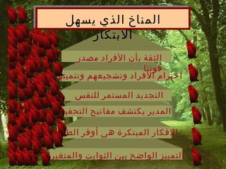 ‫المناخ الذي يسهل‬
         ‫البتكار‬
         ‫الثقة بأن الفراد مصدر‬
                         ‫قوتنا‬
   ‫احترام الفراد وتشجيعهم وتنميتهم‬

        ‫التجديد المستمر للنفس‬
     ‫المدير يكتشف مفاتيح التحفيز‬

   ‫الفكار المبتكرة هى أوفر الطرق‬

‫التمييز الواضح بين الثوابت والمتغيرات‬
 