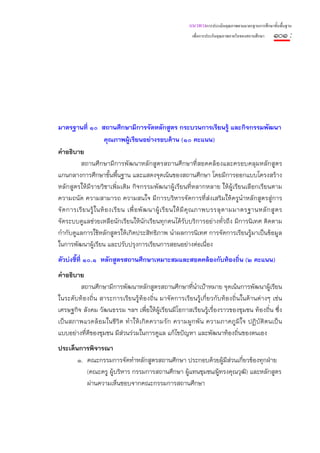 แนวทางการประเมินคุณภาพตามมาตรฐานการศึกษาขั้นพื้นฐาน
                                                               เพื่อการประกันคุณภาพภายในของสถานศึกษา   ๑๐๑ :




มาตรฐานที่ ๑๐ สถานศึกษามีการจัดหลักสูตร กระบวนการเรียนรู้ และกิจกรรมพัฒนา
                       คุณภาพผู้เรียนอย่างรอบด้าน (๑๐ คะแนน)
คําอธิบาย
          สถานศึกษามีการพัฒนาหลักสูตรสถานศึกษาที่สอดคล้องและครอบคลุมหลักสูตร
แกนกลางการศึกษาขั้นพื้นฐาน และแสดงจุดเน้นของสถานศึกษา โดยมีการออกแบบโครงสร้าง
หลักสูตรให้มีรายวิชาเพิ่มเติม กิจกรรมพัฒนาผู้เรียนที่หลากหลาย ให้ผู้เรียนเลือกเรียนตาม
ความถนัด ความสามารถ ความสนใจ มีการบริหารจัดการที่ส่งเสริมให้ครูนําหลักสูตรสู่การ
จั ด การเรี ย นรู้ ใ นห้ อ งเรี ย น เพื่ อ พั ฒ นาผู้ เ รี ย นให้ มี คุ ณ ภาพบรรลุ ต ามมาตรฐานหลั ก สู ต ร
จัดระบบดูแลช่วยเหลือนักเรียนให้นักเรียนทุกคนได้รับบริการอย่างทั่วถึง มีการนิเทศ ติดตาม
กํากับดูแลการใช้หลักสูตรให้เกิดประสิทธิภาพ นําผลการนิเทศ การจัดการเรียนรู้มาเป็นข้อมูล
ในการพัฒนาผู้เรียน และปรับปรุงการเรียนการสอนอย่างต่อเนื่อง
ตัวบ่งชี้ที่ ๑๐.๑ หลักสูตรสถานศึกษาเหมาะสมและสอดคล้องกับท้องถิ่น (๒ คะแนน)
คําอธิบาย
        สถานศึกษามีการพัฒนาหลักสูตรสถานศึกษาที่นําเป้าหมาย จุดเน้นการพัฒนาผู้เรียน
ในระดับท้องถิ่น สาระการเรียนรู้ท้องถิ่น มาจัดการเรียนรู้เกี่ยวกับท้องถิ่นในด้านต่างๆ เช่น
เศรษฐกิจ สังคม วัฒนธรรม ฯลฯ เพื่อให้ผู้เรียนมีโอกาสเรียนรู้เรื่องราวของชุมชน ท้องถิ่น ซึ่ง
เป็นสภาพแวดล้อมในชีวิต ทํ าให้ เกิดความรัก ความผูกพัน ความภาคภูมิใจ ปฏิบัติต นเป็น
แบบอย่างที่ดีของชุมชน มีส่วนร่วมในการดูแล แก้ไขปัญหา และพัฒนาท้องถิ่นของตนเอง
ประเด็นการพิจารณา
       ๑. คณะกรรมการจัดทําหลักสูตรสถานศึกษา ประกอบด้วยผู้มีส่วนเกี่ยวข้องทุกฝ่าย
          (คณะครู ผู้บริหาร กรรมการสถานศึกษา ผู้แทนชุมชน/ผู้ทรงคุณวุฒิ) และหลักสูตร
          ผ่านความเห็นชอบจากคณะกรรมการสถานศึกษา
 