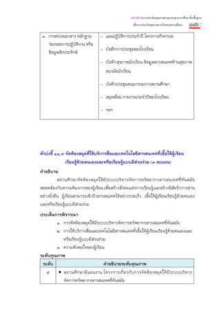 แนวทางการประเมินคุณภาพตามมาตรฐานการศึกษาขั้นพื้นฐาน
                                                        เพื่อการประกันคุณภาพภายในของสถานศึกษา   ๑๑๖ :
 ๓. การตรวจเอกสาร หลักฐาน          - แผนปฏิบัติการประจําปี โครงการ/กิจกรรม
    ร่องรอยการปฏิบติงาน หรือ
                    ั
                                   - บันทึกการประชุมของโรงเรียน
    ข้อมูลเชิงประจักษ์
                                   - บันทึกสุขภาพนักเรียน ข้อมูลสารสนเทศด้านสุขภาพ
                                      อนามัยนักเรียน

                                   - บันทึกประชุมคณะกรรมการสถานศึกษา

                                   - สมุดเยี่ยม รายงานประจําปีของโรงเรียน

                                   - ฯลฯ




ตัวบ่งชี้ ๑๑.๓ จัดห้องสมุดที่ให้บริการสื่อและเทคโนโลยีสารสนเทศที่เอื้อให้ผู้เรียน
               เรียนรู้ด้วยตนเองและหรือเรียนรู้แบบมีส่วนร่วม (๓ คะแนน)
คําอธิบาย
           สถานศึ กษาจัดห้องสมุ ดให้มีระบบบริหารจัดการทรัพยากรสารสนเทศที่ ทันสมัย
สอดคล้องกับความต้องการของผู้เรียน เพื่อสร้างสังคมแห่งการเรียนรู้และสร้างนิสยรักการอ่าน
                                                                               ั
อย่างยั่งยืน ผู้เรียนสามารถเข้าถึงสารสนเทศได้อย่างรวดเร็ว เอื้อให้ผู้เรียนเรียนรู้ด้วยตนเอง
และหรือเรียนรู้แบบมีส่วนร่วม
ประเด็นการพิจารณา
        ๑. การจัดห้องสมุดให้มีระบบบริหารจัดการทรัพยากรสารสนเทศที่ทนสมัย   ั
        ๒. การให้บริการสื่อและเทคโนโลยีสารสนเทศที่เอื้อให้ผ้เรียนเรียนรู้ด้วยตนเองและ
                                                            ู
           หรือเรียนรู้แบบมีส่วนร่วม
        ๓. ความพึงพอใจของผู้เรียน
ระดับคุณภาพ
 ระดับ                             คําอธิบายระดับคุณภาพ
   ๕     • สถานศึ กษามี แผนงาน โครงการเกี่ ยวกั บการจั ดห้ องสมุ ดให้ มี ระบบบริ หาร
           จัดการทรัพยากรสารสนเทศที่ทันสมัย
 