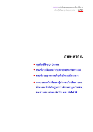 แนวทางการประเมินคุณภาพตามมาตรฐานการศึกษาขั้นพื้นฐาน
                    เพื่อการประกันคุณภาพภายในของสถานศึกษา   ๑๕๘:




                                     ภาคผนวก ก.
• สุขบัญญัติ ๑๐ ประการ
• เกณฑประเมินผลการทดสอบสมรรถภาพทางกาย
• เกณฑมาตรฐานการเจริญเติบโตและพัฒนาการ
• จรรยาบรรณวิชาชีพของผูประกอบวิชาชีพทางการ
  ศึกษาตามขอบังคับคุรุสภาวาดวยมาตรฐานวิชาชีพ
  และจรรยาบรรณของวิชาชีพ พ.ศ. ๒๕๔๘
 