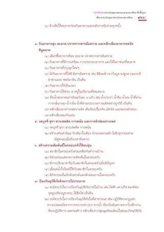 แนวทางการประเมินคุณภาพตามมาตรฐานการศึกษาขั้นพื้นฐาน
                                                  เพื่อการประกันคุณภาพภายในของสถานศึกษา   ๑๖๐:
        (๑) ล้างมือให้สะอาดก่อนกินอาหารและหลังการขับถ่ายทุกครั้ง



๔. กินอาหารสุก สะอาด ปราศจากสารอันตราย และหลีกเลี่ยงอาหารรสจัด
   สีฉูดฉาด
        (๑) เลือกซื้ออาหารที่สด สะอาด ปราศจากสารอันตราย
        (๒) กินอาหารที่มีการเตรียม การประกอบอาหาร และใส่ในภาชนะที่สะอาด
        (๓) กินอาหารที่ปรุงสุกใหม่ๆ
        (๔) ไม่กินอาหารที่ใส่สี มีสารอันตราย เช่น สีย้อมผ้า ยากันบูด ผงชูรส บอแรกซ์
           ยาฆ่าแมลง ฟอร์มาลีน เป็นต้น
        (๕) กินอาหารให้เป็นเวลา
        (๖) กินอาหารให้ครบ ๕ หมู่ในปริมาณที่พอเหมาะ
        (๗) ดื่มน้ําสะอาดอย่างน้อยวันละ ๘ แก้ว เช่น น้ําประปา น้ําต้ม น้ําฝน น้ําที่ผ่าน
           การกลั่นกรอง น้ํากลั่น น้ําที่ผ่านกระบวนการผลิตอย่างถูกวิธี เป็นต้น
        (๘) หลีกเลี่ยงอาหารรสหวานจัด เค็มจัดเปรี้ยวจัด เผ็ดจัด และของหมักดอง
        (๙) หลีกเลี่ยงของกินเล่น
๕. งดบุหรี่ สุรา สารเสพติด การพนัน และการสําส่อนทางเพศ
        (๑) งดบุหรี่ สุรา สารเสพติด การพนัน
        (๒) สร้างเสริมค่านิยม รักเดียวใจเดียว รักนวลสงวนตัว ไม่ชิงสุกก่อนห่าม
                 (มีค่ครองเมื่อถึงเวลาอันควร)
                      ู
๖. สร้างความสัมพันธ์ในครอบครัวให้อบอุ่น
        (๑) สมาชิกในครอบครัวช่วยเหลือกันทํางานบ้าน
        (๒) มีส่วนร่วมแสดงความคิดเห็นในครอบครัว
        (๓) มีการปรึกษาหารือกับสมาชิกในครองครัวเมื่อมีปัญหา
        (๔) เผื่อแผ่น้ําใจไมตรีให้กับสมาชิกในครอบครัว
        (๕) มีกิจกรรมรื่นเริงสังสรรค์และพักผ่อนภายในครอบครัว
๗. ป้องกันอุบัติภัยด้วยการไม่ประมาท
        (๑) ระมัดระวังในการป้องกันอุบัติภัยภายในบ้าน เช่น ไฟฟ้า เตาแก๊ส ของมีคม
           จุดธูปเทียนบูชาพระ ไม้ขีดไฟ เป็นต้น
        (๒) ระมัดระวังในการป้องกันอุบัติภัยในทีสาธารณะ เช่น ปฏิบัติตามกฎแห่ง
                                                 ่
          ความปลอดภัยจากการจราจรทางบก ทางน้ํา ป้องกันอันตรายจากโรงฝึกงาน
           ห้องปฏิบัติการ เขตก่อสร้าง หลีกเลี่ยงการชุมนุมห้อมล้อมในขณะเกิดอุบัติภัย
 