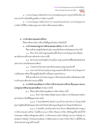 แนวทางการประเมินคุณภาพตามมาตรฐานการศึกษาขั้นพื้นฐาน
                                                               เพื่อการประกันคุณภาพภายในของสถานศึกษา    ๑๗๘:
          ๔. การประกันคุณภาพต้องเกิดจากความร่วมมือของบุคลากรทุกฝ่ายที่เกี่ยวข้อง ไม่
สามารถว่าจ้างหรือขอให้บุคคลอื่น ๆ ดําเนินการแทนได้
          ๕. การประกั น คุ ณ ภาพต้ อ งเกิ ด จากการยอมรั บ และนํ า ผลการประเมิ น คุ ณ ภาพ
การศึกษาไปใช้ในการพัฒนาคุณภาพการจัดการศึกษาของสถานศึกษา




        ข. การดําเนินงานของสถานศึกษา
            ให้สถานศึกษาระดับการศึกษาขั้นพื้นฐานดําเนินการดังต่อไปนี้
            ๑. การกําหนดมาตรฐานการศึกษาของสถานศึกษา ดําเนินการดังนี้
                ให้สถานศึกษาและผู้เกี่ยวข้องดําเนินการและถือเป็นความรับผิดชอบร่วมกัน ดังนี้
                ๑.๑ ศึกษา วิเคราะห์มาตรฐานและตัวบ่งชี้ว่าด้วยการประกันคุณภาพภายในของ
สถานศึกษาตามที่กระทรวงศึกษาธิการประกาศใช้
                ๑.๒ พิจารณาสาระสําคัญที่จะกําหนดในมาตรฐานและตัวบ่งชี้ที่สะท้อนอัตลักษณ์
และมาตรการส่งเสริมของสถานศึกษา
                ๑.๓ กําหนดค่าเป้าหมายความสําเร็จของแต่ละมาตรฐานและตัวบ่งชี้
                ๑.๔ ประกาศค่าเป้าหมายแต่ละมาตรฐานและตัวบ่งชี้ว่าด้วยการประกันคุณภาพ
ภายในของสถานศึกษาให้กลุ่มผู้เกี่ยวข้องทั้งภายในและภายนอกรับทราบ
                ทั้งนี้ สถานศึกษาอาจกําหนดมาตรฐานการศึกษาของสถานศึกษาเพิ่มเติมนอกเหนือ
จากที่กระทรวงศึกษาธิการประกาศใช้ได้
            ๒. การจั ด ทํ า แผนพั ฒ นาการจั ด การศึ ก ษาของสถานศึ ก ษาที่ มุ่ ง คุ ณ ภาพตาม
มาตรฐานการศึกษาของสถานศึกษา ดําเนินการดังนี้
                ๒.๑ ให้สถานศึกษาจัดทําแผนพัฒนาการจัดการศึกษา ดังนี้
                         ๒.๑.๑ ศึกษา วิเคราะห์สภาพปัญหาและความต้องการจําเป็นของสถานศึกษา
อย่างเป็นระบบโดยใช้ข้อมูลตามสภาพจริง
                         ๒.๑.๒ กํ า หนดวิ สั ย ทั ศ น์ พั น ธกิ จ และเป้ า หมายด้ า นต่ า งๆ โดยมุ่ ง เน้ น ที่
คุณภาพผู้เรียนที่สะท้อนคุณภาพความสําเร็จอย่างชัดเจนและเป็นรูปธรรม โดยทุกฝ่ายมีส่วนร่วม
                         ๒.๑.๓ กําหนดวิธีการดําเนินงานกิจกรรม โครงการที่สอดคล้องกับมาตรฐาน
การศึ ก ษาของสถานศึ ก ษา โดยใช้ ก ระบวนการวิ จั ย หรื อ ผลการวิ จั ย หรื อ ข้ อ มู ล ที่ อ้ า งอิ ง ได้ ให้
ครอบคลุมการพัฒนาหลักสูตรสถานศึกษา การจัดประสบการณ์การเรียนรู้ กระบวนการเรียนรู้ การ
ส่งเสริมการเรียนรู้ การวัดและประเมินผล การพัฒนาบุคลากร และการบริหารจัดการ เพื่อให้บรรลุ
เป้าหมายตามมาตรฐานที่กําหนดไว้
 