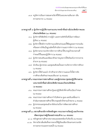 แนวทางการประเมินคุณภาพตามมาตรฐานการศึกษาขั้นพื้นฐาน
                                       เพื่อการประกันคุณภาพภายในของสถานศึกษา       ๑๔ :
        ๗.๙ ครูจัดการเรียนการสอนตามวิชาที่ได้รับมอบหมายเต็มเวลา เต็ม
            ความสามารถ (๑ คะแนน)



มาตรฐานที่ ๘ ผู้บริหารปฏิบัติงานตามบทบาทหน้าที่อย่างมีประสิทธิภาพและ
             เกิดประสิทธิผล (๑๐ คะแนน)
      ๘.๑ ผู้บริหารมีวิสยทัศน์ ภาวะผู้นํา และความคิดริเริ่มที่เน้นการพัฒนา
                            ั
             ผู้เรียน (๑ คะแนน)
      ๘.๒ ผู้บริหารใช้หลักการบริหารแบบมีส่วนร่วมและใช้ข้อมูลผลการประเมิน
             หรือผลการวิจัยเป็นฐานคิดทั้งด้านวิชาการและการจัดการ (๒ คะแนน)
      ๘.๓ ผู้บริหารสามารถบริหารจัดการการศึกษาให้บรรลุเป้าหมายตามที่
             กําหนดไว้ในแผนปฏิบติการ (๒ คะแนน)
                                  ั
      ๘.๔ ผู้บริหารส่งเสริมและพัฒนาศักยภาพบุคลากรให้พร้อมรับการกระจาย
             อํานาจ (๒ คะแนน)
      ๘.๕ นักเรียน ผู้ปกครอง และชุมชนพึงพอใจผลการบริหารการจัดการศึกษา
             (๑ คะแนน)
      ๘.๖ ผู้บริหารให้คาแนะนํา คําปรึกษาทางวิชาการและเอาใจใส่การจัด
                          ํ
             การศึกษาเต็มศักยภาพและเต็มเวลา (๒ คะแนน)
มาตรฐานที่ ๙ คณะกรรมการสถานศึกษา และผูปกครอง ชุมชนปฏิบัติงานตาม
                                               ้
             บทบาทหน้าที่อย่างมีประสิทธิภาพและเกิดประสิทธิผล
             (๕ คะแนน)
      ๙.๑ คณะกรรมการสถานศึกษารู้และปฏิบติหน้าทีตามที่ระเบียบกําหนด
                                                   ั  ่
             (๒ คะแนน)
      ๙.๒ คณะกรรมการสถานศึกษากํากับติดตาม ดูแล และขับเคลื่อนการ
             ดําเนินงานของสถานศึกษาให้บรรลุผลสําเร็จตามเป้าหมาย (๑ คะแนน)
      ๙.๓ ผู้ปกครองและชุมชนเข้ามามีส่วนร่วมในการพัฒนาสถานศึกษา
             (๒ คะแนน)
มาตรฐานที่ ๑๐ สถานศึกษามีการจัดหลักสูตร กระบวนการเรียนรู้ และกิจกรรม
                พัฒนาคุณภาพผู้เรียนอย่างรอบด้าน (๑๐ คะแนน)
      ๑๐.๑ หลักสูตรสถานศึกษาเหมาะสมและสอดคล้องกับท้องถิ่น (๒ คะแนน)
     ๑๐.๒ จัดรายวิชาเพิมเติมทีหลากหลายให้ผ้เรียนเลือกเรียนตามความถนัด
                              ่ ่                ู
             ความสามารถและความสนใจ (๒ คะแนน)
 