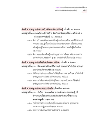 แนวทางการประเมินคุณภาพตามมาตรฐานการศึกษาขั้นพื้นฐาน
                                          เพื่อการประกันคุณภาพภายในของสถานศึกษา        ๑๖ :




ด้านที่ ๓ มาตรฐานด้านการสร้างสังคมแห่งการเรียนรู้ (น้ําหนัก ๑๐ คะแนน)
มาตรฐานที่ ๑๓ สถานศึกษามีการสร้าง ส่งเสริม สนับสนุน ให้สถานศึกษาเป็น
                สังคมแห่งการเรียนรู้ (๑๐ คะแนน)
        ๑๓.๑ มีการสร้างและพัฒนาแหล่งเรียนรู้ภายในสถานศึกษาและใช้ประโยชน์
              จากแหล่งเรียนรู้ ทั้งภายในและภายนอกสถานศึกษา เพื่อพัฒนาการ
              เรียนรู้ของผู้เรียนและบุคลากรของสถานศึกษา รวมทั้งผู้ทีเกี่ยวข้อง
                                                                    ่
              (๕ คะแนน)
        ๑๓.๒ มีการแลกเปลี่ยนเรียนรู้ระหว่างบุคลากรภายในสถานศึกษา ระหว่าง
              สถานศึกษากับครอบครัว ชุมชน และองค์กรที่เกียวข้อง (๕ คะแนน)
                                                         ่
ด้านที่ ๔ มาตรฐานด้านอัตลักษณ์ของสถานศึกษา (น้ําหนัก ๕ คะแนน)
มาตรฐานที่ ๑๔ การพัฒนาสถานศึกษาให้บรรลุเป้าหมายตามวิสัยทัศน์ ปรัชญา
              และจุดเน้นที่กําหนดขึ้น (๕ คะแนน)
        ๑๔.๑ จัดโครงการ กิจกรรมที่ส่งเสริมให้ผ้เรียนบรรลุตามเป้าหมายวิสัยทัศน์
                                               ู
              ปรัชญา และจุดเน้นของสถานศึกษา (๓ คะแนน)
        ๑๔.๒ ผลการดําเนินงานส่งเสริมให้ผ้เรียนบรรลุตามเป้าหมาย วิสัยทัศน์
                                         ู
              ปรัชญา และจุดเน้นของสถานศึกษา (๒ คะแนน)
ด้านที่ ๕ มาตรฐานด้านมาตรการส่งเสริม (น้ําหนัก ๕ คะแนน)
มาตรฐานที่ ๑๕ การจัดกิจกรรมตามนโยบาย จุดเน้น แนวทางการปฏิรูป
              การศึกษาเพือพัฒนาและส่งเสริมสถานศึกษาให้ยกระดับ
                           ่
              คุณภาพสูงขึน (๕ คะแนน)
                         ้
        ๑๕.๑ จัดโครงการ กิจกรรมพิเศษเพื่อตอบสนองนโยบาย จุดเน้น ตาม
              แนวทางการปฏิรูปการศึกษา (๓ คะแนน)
        ๑๕.๒ ผลการดําเนินงานบรรลุตามเป้าหมาย (๒ คะแนน)
 