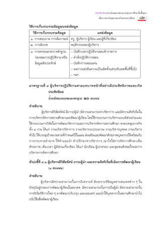 แนวทางการประเมินคุณภาพตามมาตรฐานการศึกษาขั้นพื้นฐาน
                                                          เพื่อการประกันคุณภาพภายในของสถานศึกษา   ๘๒ :
วิธีการเก็บรวบรวมข้อมูล/แหล่งข้อมูล
    วิธีการเก็บรวบรวมข้อมูล                       แหล่งข้อมูล
 ๑. การสอบถาม การสัมภาษณ์ ครู ผู้บริหาร ผู้เรียน และผู้ที่เกี่ยวข้อง
 ๒. การสังเกต                 พฤติกรรมของผู้บริหาร
 ๓. การตรวจเอกสาร หลักฐาน - บันทึกเวลาปฏิบัติงานของข้าราชการ
    ร่องรอยการปฏิบติงาน หรือ - คําสั่งปฏิบติการสอน
                    ั                     ั
    ข้อมูลเชิงประจักษ์       - บันทึกการสอนแทน
                             - ผลการแข่งขันความเป็นเลิศตั้งแต่ระดับเขตพื้นที่ขึ้นไป
                             - ฯลฯ

มาตรฐานที่ ๘ ผู้ บ ริ ห ารปฏิ บั ติ ง านตามบทบาทหน้ า ที่ อ ย่ า งมี ป ระสิ ท ธิ ภ าพและเกิ ด
            ประสิทธิผล
                น้ําหนักคะแนนของมาตรฐาน ๑๐ คะแนน
คําอธิบาย
           ผู้บริหารมีวิสัยทัศน์ มีภาวะผู้นํา มีความสามารถทางวิชาการ และมีความคิดริเริ่มใน
การบริหารจัดการสถานศึกษาและพัฒนาผู้เรียน โดยใช้กระบวนการบริหารแบบมีส่วนร่วมและ
ใช้กระบวนการวิจัยในการพัฒนาวิชาการและการบริหารจัดการสถานศึกษา ครอบคลุมภารกิจ
ทั้ง ๔ งาน ได้แก่ งานบริหารวิชาการ งานบริหารงบประมาณ งานบริหารบุคคล งานบริหาร
ทั่วไป ให้บรรลุเป้าหมายตามทีกําหนดไว้ในแผน ส่งเสริมและพัฒนาศักยภาพบุคลากรให้พร้อมรับ
                               ่
การกระจายอํ า นาจ ให้ คํ า แนะนํ า คํ า ปรึ ก ษาทางวิ ช าการ เอาใจใส่ ก ารจั ด การศึ ก ษาเต็ ม
ศักยภาพ เต็มเวลา ผู้มีส่วนเกี่ยวข้อง ได้แก่ นักเรียน ผู้ปกครอง และชุมชนพึงพอใจผลการ
บริหารการจัดการศึกษา

ตัวบ่งชี้ที่ ๘.๑ ผู้บริหารมีวิสัยทัศน์ ภาวะผู้นํา และความคิดริเริ่มทีเน้นการพัฒนาผู้เรียน
                                                                     ่
                 (๑ คะแนน)
คําอธิบาย
           ผู้ บ ริ ห ารมี ค วามสามารถในการวิ เ คราะห์ สัง เคราะห์ ข้อ มูล สารสนเทศต่ า ง ๆ ใน
ปัจจุบันสู่กรอบการพัฒนาผู้เรียนในอนาคต มีความสามารถในการเป็นผู้นา มีความสามารถใน
                                                                            ํ
การริเริ่มวิธีการใหม่ ๆ มาพัฒนาปรับปรุง และเผยแพร่ แนะนําให้บุคลากรในสถานศึกษานําไป
ปรับใช้เพื่อพัฒนาผู้เรียน
 