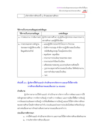 แนวทางการประเมินคุณภาพตามมาตรฐานการศึกษาขั้นพื้นฐาน
                                                          เพื่อการประกันคุณภาพภายในของสถานศึกษา   ๙๑ :
          บริหารจัดการศึกษาทั้ง ๔ ด้านของสถานศึกษา




วิธีการเก็บรวบรวมข้อมูล/แหล่งข้อมูล
    วิธีการเก็บรวบรวมข้อมูล                           แหล่งข้อมูล
 ๑. การสอบถาม การสัมภาษณ์ ผู้บริหารสถานศึกษา ครู ผู้เรียน ผู้ปกครอง คณะกรรมการ
                               สถานศึกษา และผู้ที่เกี่ยวข้อง
 ๒. การตรวจเอกสาร หลักฐาน - แผนปฏิบัติการประจําปี โครงการ กิจกรรม
      ร่องรอยการปฏิบติงาน หรือ - บันทึกการประชุม คําสั่งการปฏิบติงานของโรงเรียน
                      ั                                          ั
      ข้อมูลเชิงประจักษ์          หนังสือเชิญประชุม ใบอนุโมททนาบัตร
                               - สมุดนิเทศ สมุดเยี่ยม
                               - รายงานการประเมินภายนอกของ สมศ.
                               - รายงานประจําปีของโรงเรียน
                               - แฟ้มสะสมงานของครู แบบประเมินความพึงพอใจ
                               - รูปภาพ สมุดภาพกิจกรรมของโรงเรียน วิดิทัศน์รายงาน
                                  ผลการดําเนินงานของโรงเรียน
                               - ฯลฯ

ตัวบ่งชี้ ๘.๖ ผู้บริหารให้คําแนะนํา คําปรึกษาทางวิชาการ และเอาใจใส่การจัด
              การศึกษาเต็มศักยภาพและเต็มเวลา (๒ คะแนน)
คําอธิบาย
         ผู้ บ ริ ห ารสามารถให้ คํ า แนะนํ า คํ า ปรึ ก ษาทางวิ ช าการทั้ ง การพั ฒ นาและการใช้
หลักสูตรสถานศึกษา การจัดการเรียนรู้ การสร้าง การพัฒนา และการเลือกใช้สื่อการเรียนรู้
การวัดและประเมินผลการเรียนรู้ การวิจัยเพื่อพัฒนาการเรียนรู้ และเอาใจใส่การจัดการศึกษา
ของสถานศึกษาโดยมีการติดตามกํากับ ประเมินและนําผลการประเมินไปพัฒนาหรือปรับปรุง
อย่างต่อเนื่องตามภารกิจอย่างเต็มความสามารถและเต็มเวลาทําการ
ประเด็นการพิจารณา
       ๑. การให้คําแนะนํา คําปรึกษาทางวิชาการ และการเอาใจใส่การจัดการศึกษาเต็มศักยภาพ
       ๒. การบริหารจัดการศึกษาเต็มเวลา
 
