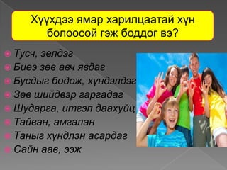 Хүүхдээ ямар харилцаатай хүн
        болоосой гэж боддог вэ?
 Тусч,эелдэг
 Биеэ зөв авч явдаг
 Бусдыг бодож, хүндэлдэг
 Зөв шийдвэр гаргадаг
 Шударга, итгэл даахуйц
 Тайван, амгалан
 Таныг хүндлэн асардаг
 Сайн аав, ээж
 