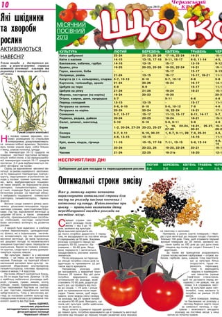 Вже у лютому варто починати
вираховувати оптимальні строки для
висіву на розсаду насіння овочевих і
квіткових культур. Найголовніше при
цьому — правильно визначити дату
передбачуваної висадки розсади на
постійне місце.
С
ередні строки схо­
жості розсади після
висіву — від 3 до 15
днів, залежно від культури.
Дуже важливо врахувати вік,
до якого потрібно доростити її перед
тим, як висаджувати на постійне місце.
У середньому це 50 днів. Зокрема,
розсаду солодкого перцю ви­
рощують 50-55, капусти і ба­
клажанів — 55-60 днів. Якщо
вона переросте і витягнеться,
продуктивність рослини значно
знизиться.
Після пікірування чи пересад­
ки сіянцю потрібно кілька днів на
адаптацію та приживання. Ці дні
також варто врахувати.
Наприклад, розсаду селе­
ри висаджують у відкритий ґрунт
близько 25 травня. Від цієї дати
потрібно відрахувати назад
оптимальний вік розсади, який
становить 70-80 днів, додати до
нього дні, що пройдуть від посі­
ву до сходів, — 15 днів, і кілька
днів на приживання після пере­
садки. Таким чином, щоб вира­
хувати, коли можна сіяти селеру
на розсаду, від 25 травня потріб­
но відняти 90-95 днів. Виходить, що
посів цієї культури треба здійснюва­
ти після 25 лютого.
Якщо хочете отримати перший урожай
до певної дати, потрібно враховувати ще й тривалість вегетації
рослини від посадки до перших плодів (зазвичай вона вказана
на пакетику з насінням).
Приміром, у ранніх сортів помідорів і гібри­
дів строк вегетації до перших плодів становить
близько 100 днів. Тому, щоб отримати перший
врожай помідорів до 20 липня, висівати на­
сіння треба за 100 днів до цієї дати плюс
тиждень від посіву до сходів і близько 5 на
адаптацію.
За таким же принципом розраховують
строки посіву насіння гарбузових — огірків, ка­
бачків, гарбузів, динь, кавунів. Слід пам’ятати,
що ці культури більш
скоростиглі, гірше пе­
реносять пересадку,
тому їх вирощують
відразу в індивідуаль­
них ємкостях (краще
торф’яних стаканчиках,
щоб не діставати перед ви­
садкою) і не довше, ніж до
появи 3-4 справжніх лист­
ків. Ці культури дуже світ­
лолюбні, тому висівати їх
потрібно не раніше 10-20
квітня.
Сіяти помідори, перець
та баклажани на розсаду у
лютому-березні варто лише
за наявності теплиць з піді­
грівом і можливості висадити
розсаду на постійне місце у кінці
квітня-на початку травня.
20 лютого 2013 року10
Які шкідники
та хвороби
рослин
аКТИВІЗУЮТЬСЯ
НАВЕСНІ?
Тепла погода з достатком во-
логи у вересні-жовтні сприяла
активній вегетації озимини та
розвитку і поширенню шкідливих
об’єктів.
Н
а посівах озимих зернових, осо­
бливо розміщених по стерньових
попередниках, дохарчовуватимуть­
ся личинки хлібної жужелиці. Заселяти­
муть посіви злакові мухи, хлібні блішки,
п’явиці, злакові попелиці, цикади.
За температури 10-12 градусів на
поверхні листяної підстилки активізу­
ються хлібні клопи, а за середньодобо­
вої температури повітря 16-17 градусів
протягом 3-4 днів відбуватиметься пе­
реліт фітофага на посіви.
Скрізь за відновлення весняної ве­
гетації, за умови надмірного зволожен­
ня та підвищеної температури повітря і
ґрунту, недотриманні агротехнічних за­
ходів у посівах озимих пшениці, ячме­
ню, жита, відбуватиметься поширен­
ня таких хвороб, як борошниста роса,
септоріоз, гельмінтоспоріоз, корене­
ві гнилі, подекуди бура листкова іржа.
Останніми роками на території облас­
ті набувають поширення плямистості
(септоріоз, гельмінтоспоріоз, пірено­
фороз).
Восени сходи озимого ріпаку засе­
лялися ріпаковим пильщиком, підгри­
заючими совками, хрестоцвітими бліш­
ками. Під час відновлення вегетації ці
шкідливі об’єкти, а також ріпаковий
квіткоїд, прихованохоботники (особли­
во стебловий), листоїди, капустяний
білан негативно вплинуть на розвиток
рослин.
З хвороб було відмічено в слабому
ступені пероноспороз, циліндроспорі­
оз, фомоз, які в подальшому негатив­
но впливатимуть під час відновлення
весняної вегетації. За умов прохолод­
ної дощової погоди та несвоєчасного
знищення грунтової кірки, передусім на
ущільнених, бідних на поживні елемен­
ти грунтах, сходи ярого ріпаку уражува­
тимуться чорною ніжкою.
Ярі культури. Захист їх у весняний
період — це перш за все протруєння
насіння. Повсюди на території області
насіннєвий матеріал ярих культур за­
ражений збудниками альтернаріозу,
гельмінтоспоріозу, плісняви, фузаріозу,
сажки в межах 1-4 відсотків.
На полях області налічується близь­
ко 70-ти видів бур’янів. Домінує 12-20,
а найбільш небезпечні різновиди амб­
розії, гірчаків, гумаю, мишію, осоту,
лободи, пирію, підмаренника, щириці.
Стан перезимівлі бур’янів на сьогод­
ні дає підстави передбачити масову
забур’яненість. Тому у весняному до­
гляді за посівами озимих культур від­
повідальним етапом є дотримання тех­
нології захисту від бур’янів.
Ірина Іщенко,
начальник управління
методологічного прогнозування
фітосанітарної інспекції
Черкаської області
Несприятливі дні
Лютий Березень Квітень Травень Черв
Заборонені дні для посадки та пересаджування рослин 2-4 3-5 2-4 2-4 1-3, 3
Культура Лютий Березень Квітень Травень Черв
Квіти цибулинні 23-24 21-23, 25-26 17-19, 22-24 19-21 15-18
Квіти з насіння 14-15 13-15, 17-18 9-11, 15-17 6-9, 11-14 4-5,
Баклажани, кабачки, гарбуз 14-16 13-15 15-17 13-16 9-12
Бруква, ріпа 19-23 20-23, 25-26 19-20, 22-24 19-21 15-17
Горох, квасоля, боби - - 15-17 13-17 9-13
Полуниця, ревінь 21-24 13-15 16-17 15-17, 19-21 11-14
Капуста (в т.ч. кольорова), спаржа 5-7, 10-12 8-10 5-7, 10-12 6-8 5-8
Картопля, топінамбур, арахіс 21-24 20-26 19-24 16-17 14-1
Цибуля на перо 6-9 6-9 - 15-17 11-1
Цибуля на ріпку 21-24 21-26 19-24 18-21 15-1
Морква, пастернак (на корінь) 19-24 20-23 19-20 - 20-2
Огірки, кавуни, диня, кукурудза 5-7 - 9-11 6-8 4-6
Перець солодкий 13-15 13-15 - 15-17 11-1
Петрушка на зелень 5-6, 8-10 8-10 5-6, 10-12 7-9 4-6
Петрушка на корінь 20-24 20-24 19, 22-24 19-21 17-1
Соняшник 5-7, 15-17 15-17 11-13, 15-17 8-11, 14-17 5-7,
Редиска, редька, дайкон 20-24 20-25 19-24 18-21 15-1
Салат, шпинат, мангольд 5-10 6-10 5-6, 9-11 5-8 4-6
Буряк 1-2, 20-24, 27-29 20-23, 25-27
1, 19, 22-24,
27-30
19-21, 25-27,
30-31
15-1
26-2
Селера 5-7, 9-11 8-10, 30-31 1, 6-7, 9-11, 28 7-9, 25-31 4-5,
Томати 4-6, 13-15 13-15 - 14-16 11-1
Кріп, кмин, кіндза, гірчиця 11-16 10-15, 17-18 7-11, 13-15 5-8, 12-14
4-5,
14
Хрін 20-24 20-23, 26 19-20, 23-24 20-21 16-1
Часник 21-24 22-25 19-21к 18-20 12-1
Оптимальні строки висіву
Гумай (сорго алепське)
місячний
Посівний
2013 Що ко
 