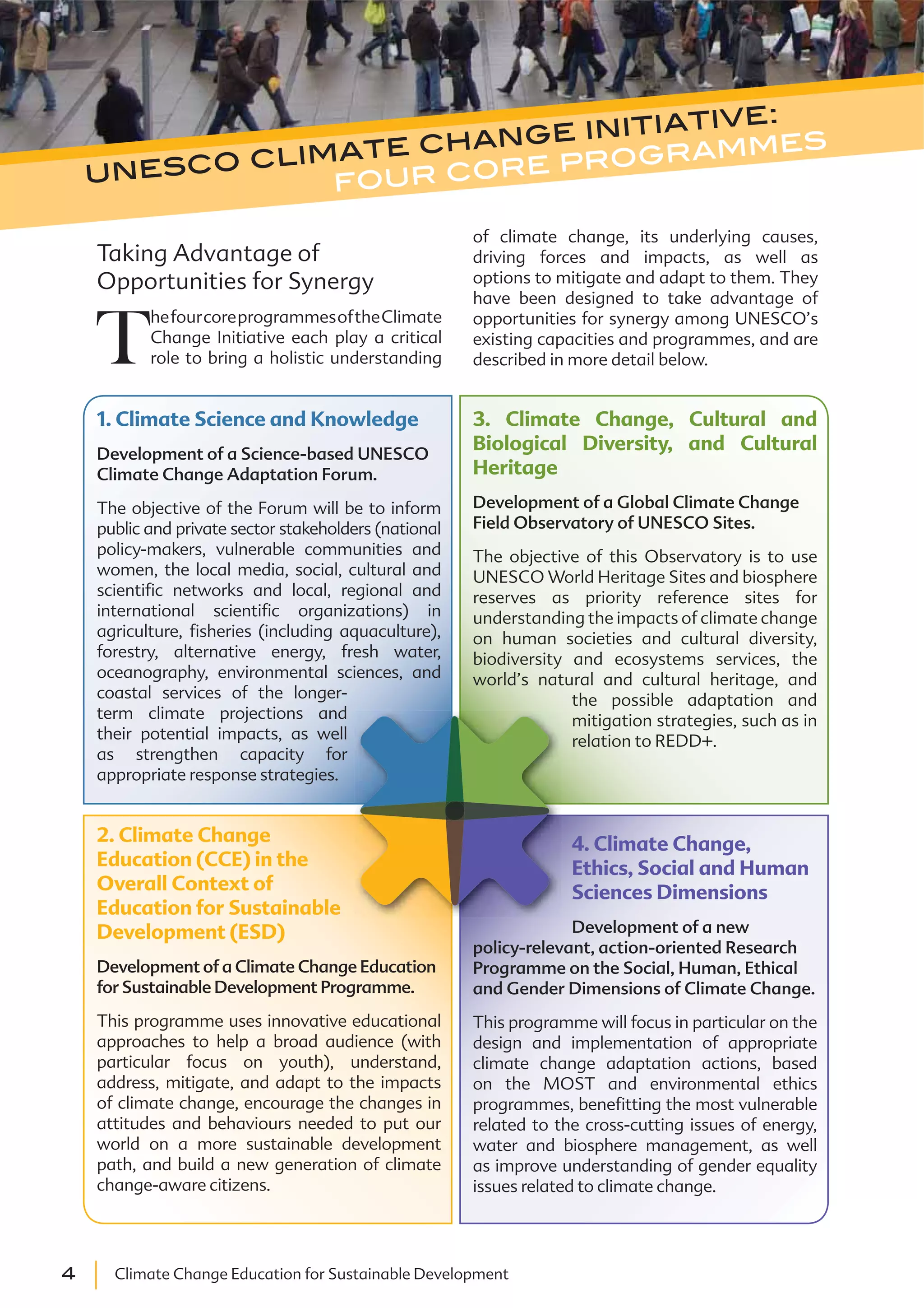 4 Climate Change Education for Sustainable Development
1. Climate Science and Knowledge
Development of a Science-based UNESCO
Climate Change Adaptation Forum.
The objective of the Forum will be to inform
public and private sector stakeholders (national
policy-makers, vulnerable communities and
women, the local media, social, cultural and
scientific networks and local, regional and
international scientific organizations) in
agriculture, fisheries (including aquaculture),
forestry, alternative energy, fresh water,
oceanography, environmental sciences, and
coastal services of the longer-
term climate projections and
their potential impacts, as well
as strengthen capacity for
appropriate response strategies.
of climate change, its underlying causes,
driving forces and impacts, as well as
options to mitigate and adapt to them. They
have been designed to take advantage of
opportunities for synergy among UNESCO’s
existing capacities and programmes, and are
described in more detail below.
unesco climate change initiative:
four core programmes
Taking Advantage of
Opportunities for Synergy
T
hefourcoreprogrammesoftheClimate
Change Initiative each play a critical
role to bring a holistic understanding
2. Climate Change
Education (CCE) in the
Overall Context of
Education for Sustainable
Development (ESD)
Development of a Climate Change Education
for Sustainable Development Programme.
This programme uses innovative educational
approaches to help a broad audience (with
particular focus on youth), understand,
address, mitigate, and adapt to the impacts
of climate change, encourage the changes in
attitudes and behaviours needed to put our
world on a more sustainable development
path, and build a new generation of climate
change-aware citizens.
3. Climate Change, Cultural and
Biological Diversity, and Cultural
Heritage
Development of a Global Climate Change
Field Observatory of UNESCO Sites.
The objective of this Observatory is to use
UNESCO World Heritage Sites and biosphere
reserves as priority reference sites for
understanding the impacts of climate change
on human societies and cultural diversity,
biodiversity and ecosystems services, the
world’s natural and cultural heritage, and
the possible adaptation and
mitigation strategies, such as in
relation to REDD+.
4. Climate Change,
Ethics, Social and Human
Sciences Dimensions
Development of a new
policy-relevant, action-oriented Research
Programme on the Social, Human, Ethical
and Gender Dimensions of Climate Change.
This programme will focus in particular on the
design and implementation of appropriate
climate change adaptation actions, based
on the MOST and environmental ethics
programmes, benefitting the most vulnerable
related to the cross-cutting issues of energy,
water and biosphere management, as well
as improve understanding of gender equality
issues related to climate change.
 