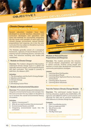 10 Climate Change Education for Sustainable Development
Climate Change-related
Education Modules for Schools
Several education modules have been
developed to provide teachers, educators and
curriculum developers and specialists with
tools and methods for successfully integrating
the key issues and concepts of each topic (e.g.
climate change, environment, natural disaster
preparedness and response, etc.) into the core
curriculum for any subject or discipline in primary
and secondary education.
The Modules generally consist of a conceptual
framework, a glossary of natural disaster terms, a
training manual containing lessons, activities and
tasks, and resources including case studies and
worksheets.
Module on Climate Change
Overview: The module is designed to help teachers
understand climate change issues in a global and
regionally relevant context, and incorporate lessons
into their curriculum. This module is currently in
draft form, for release in 2011.
Activities:
1. The Atmosphere and the Earth’s Energy Budget
2. Weather and Climate
3. Climate Change
4. Act Now!
5. Developing Lesson Plans
Module on Environmental Education
Overview:Thismoduleisdesignedtohelpteachers
integrate environmental issues and concepts into
the core curriculum for any subject or discipline so
as to increase the overall environmental literacy
of students.
Activities:
1. What is “environment”?
2. Why do we need to protect the environment?
3. Environmental literacy and ESD
4. Integrating environmental issues into the
curriculum
More information: www.unescobkk.org/
Module on Natural Disaster
Preparedness and Response
Overview: The module promotes the inclusion
of natural disaster preparedness and response
in school curricula, involves young people and
teachers in action plan development and teaches
community participation strategies.
Lessons:
1. Learning about Earthquakes
2. Learning about Floods
3. Learning about Typhoons/Storms, Hurricanes,
and Cyclones
4. Learning about Tsunamis
5. Learning about Volcanoes
More information: www.unescobkk.org/
Train the Trainers Climate Change Module
Overview: This web-based module focuses on
training educators, students, key stakeholders, UN
agencies and UNESCO staff to communicate and
advocate for ESD and its practical implications,
with reference to climate change issues.
Contents:
1. ESD: A worldwide priority
2. How to implement ESD
3. We all have a role
4. Challenges
5. The Big Vision quiz
www.unesco.org/en/education-for-sustainable-
development/esd-e-module/
Classroom / Global
Available from various web sites
1
2
4
3
objective 1:
capacity development
 