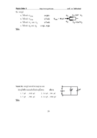 Physics Online V http://www.pec9.com บทที่ 15 ไฟฟาสถิตย
! %,!
75. จากรูป
ก. ใหหาคา Cรวม (16 µµµµF)
ข. ใหหาคา Vรวม (3 โวลต)
ค. ใหหาคา V1 และ V2 (3 โวลต)
ง. ใหหาคา Q1 และ Q2 ( 12 µµµµ , 36 µµµµ)
วิธีทํา
!
76(มช 39) จากรูป จงหาคาความจุรวม และ
ประจุไฟฟารวมบนตัวเก็บประจุทั้งสอง (ขอ 3)
1. 7 pF , 0.05 pC 2. 1.4 pF , 196 pC
3. 7 pF , 980 pC 4. 1.4 pF , 1960 pC
วิธีทํา
!
 