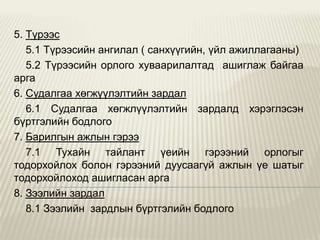 5. Түрээс
5.1 Түрээсийн ангилал ( санхүүгийн, үйл ажиллагааны)
5.2 Түрээсийн орлого хуваарилалтад ашиглаж байгаа
арга
6. Судалгаа хөгжүүлэлтийн зардал
6.1 Судалгаа хөгжлүүлэлтийн зардалд хэрэглэсэн
бүртгэлийн бодлого
7. Барилгын ажлын гэрээ
7.1 Тухайн тайлант үеийн гэрээний орлогыг
тодорхойлох болон гэрээний дуусаагүй ажлын үе шатыг
тодорхойлоход ашигласан арга
8. Зээлийн зардал
8.1 Зээлийн зардлын бүртгэлийн бодлого

 