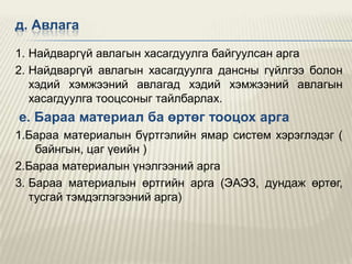 д. Авлага
1. Найдваргүй авлагын хасагдуулга байгуулсан арга
2. Найдваргүй авлагын хасагдуулга дансны гүйлгээ болон
хэдий хэмжээний авлагад хэдий хэмжээний авлагын
хасагдуулга тооцсоныг тайлбарлах.

е. Бараа материал ба өртөг тооцох арга
1.Бараа материалын бүртгэлийн ямар систем хэрэглэдэг (
байнгын, цаг үеийн )
2.Бараа материалын үнэлгээний арга
3. Бараа материалын өртгийн арга (ЭАЭЗ, дундаж өртөг,
тусгай тэмдэглэгээний арга)

 
