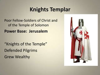 Knights Templar
Poor Fellow-Soldiers of Christ and
of the Temple of Solomon

Power Base: Jerusalem

“Knights of the Temple”
Defended Pilgrims
Grew Wealthy

 