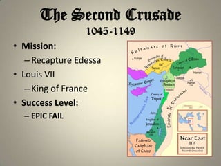 The Second Crusade
1045-1149
• Mission:
– Recapture Edessa
• Louis VII
– King of France
• Success Level:
– EPIC FAIL

 