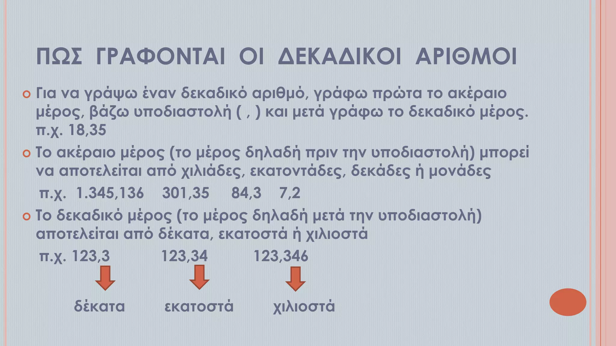 ΠΨ΢ ΓΡΑΥΟΝΣΑΙ ΟΙ ΔΕΚΑΔΙΚΟΙ ΑΡΙΘΜΟΙ
Για να γράψω έναν δεκαδικό αριθμό, γράφω πρώτα το ακέραιο
μέρος, βάζω υποδιαστολή ( , ) και μετά γράφω το δεκαδικό μέρος.
π.χ. 18,35
 Σο ακέραιο μέρος (το μέρος δηλαδή πριν την υποδιαστολή) μπορεί
να αποτελείται από χιλιάδες, εκατοντάδες, δεκάδες ή μονάδες
π.χ. 1.345,136 301,35 84,3 7,2
 Σο δεκαδικό μέρος (το μέρος δηλαδή μετά την υποδιαστολή)
αποτελείται από δέκατα, εκατοστά ή χιλιοστά
π.χ. 123,3
123,34
123,346


δέκατα

εκατοστά

χιλιοστά

 