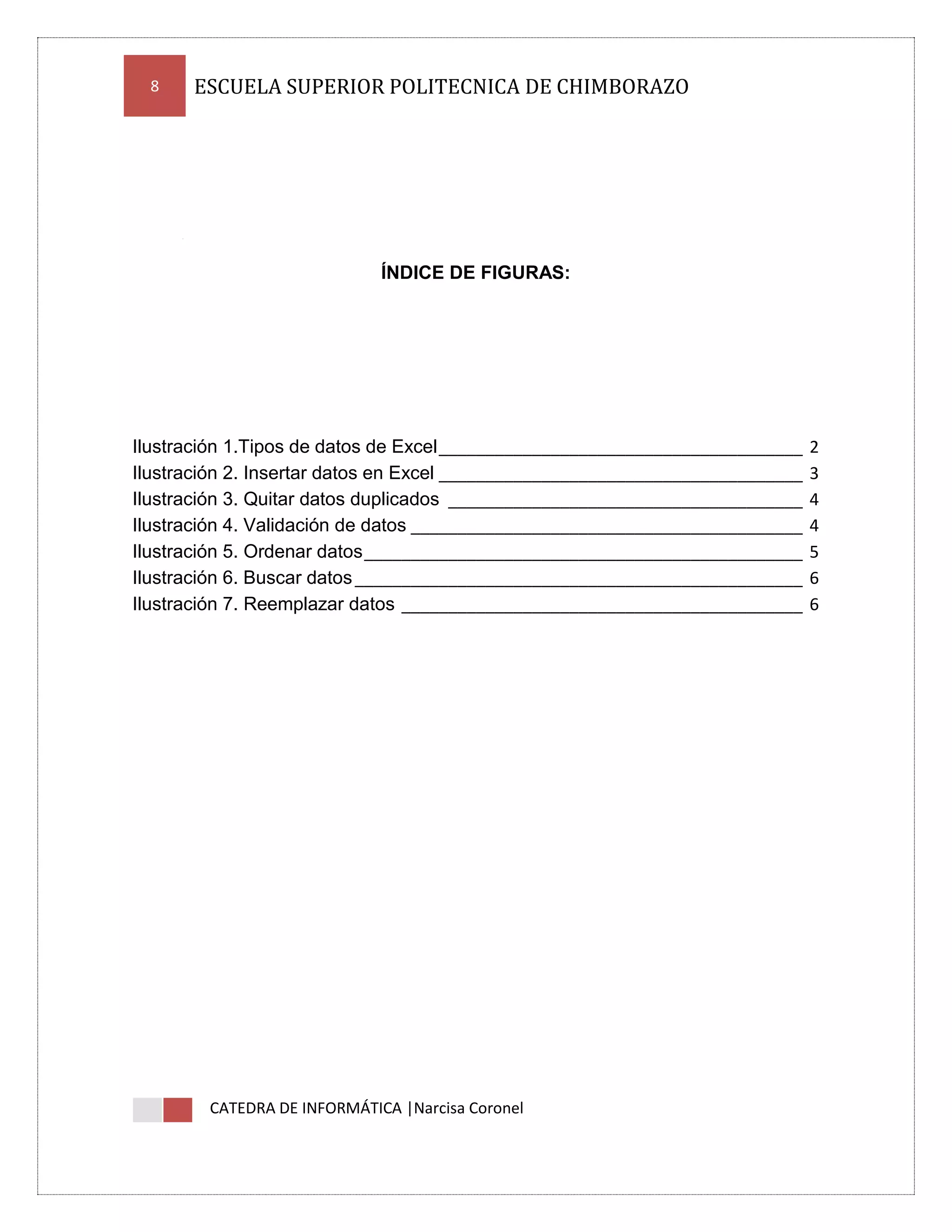 8

ESCUELA SUPERIOR POLITECNICA DE CHIMBORAZO

ÍNDICE DE FIGURAS:

Ilustración 1.Tipos de datos de Excel _______________________________________
Ilustración 2. Insertar datos en Excel _______________________________________
Ilustración 3. Quitar datos duplicados ______________________________________
Ilustración 4. Validación de datos __________________________________________
Ilustración 5. Ordenar datos _______________________________________________
Ilustración 6. Buscar datos ________________________________________________
Ilustración 7. Reemplazar datos ___________________________________________

CATEDRA DE INFORMÁTICA |Narcisa Coronel

2
3
4
4
5
6
6

 