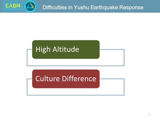 EABM
15
Difficulties in Yushu Earthquake Response
High Altitude
Culture Difference
 