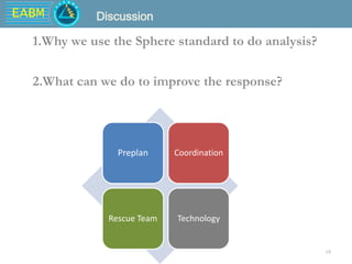 EABM
1.Why we use the Sphere standard to do analysis?
18
Discussion
Preplan Coordination
Rescue Team Technology
2.What can we do to improve the response?
 
