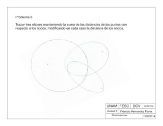 UNAM FESC DCV GEOMETRIA 1
Fidencio Hernandez Flores
12/02/2014
Otras tangencias
Unidad 3
Problema 8
Trazar tres elipses manteniendo la suma de las distancias de los puntos con
respecto a los nodos, modificando en cada caso la distancia de los nodos.
 