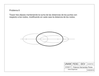UNAM FESC DCV GEOMETRIA 1
Fidencio Hernandez Flores
12/02/2014
Otras tangencias
Unidad 3
Problema 8
Trazar tres elipses manteniendo la suma de las distancias de los puntos con
respecto a los nodos, modificando en cada caso la distancia de los nodos.
 