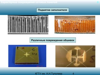 Характерные повреждения сотовых панелей

6

Подмятие заполнителя

Различные повреждения обшивок

КГТУ им. А.Н.Туполева

4

 