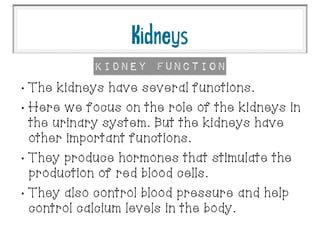 •
The kidneys have several functions.
•
Here we focus on the role of the kidneys in
the urinary system. But the kidneys have
other important functions.
•
They produce hormones that stimulate the
production of red blood cells.
•
They also control blood pressure and help
control calcium levels in the body.
Kidney Function
Kidneys
 