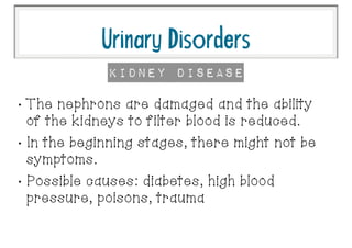 •
The nephrons are damaged and the ability
of the kidneys to filter blood is reduced.
•
In the beginning stages, there might not be
symptoms.
•
Possible causes: diabetes, high blood
pressure, poisons, trauma
UrinaryDisorders
Kidney Disease
 