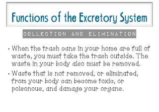FunctionsoftheExcretorySystem
•
When the trash cans in your home are full of
waste, you must take the trash outside. The
waste in your body also must be removed.
•
Waste that is not removed, or eliminated,
from your body can become toxic, or
poisonous, and damage your organs.
Collection and Elimination
 