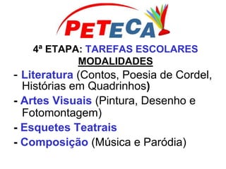 4ª ETAPA: TAREFAS ESCOLARES
MODALIDADES
- Literatura (Contos, Poesia de Cordel,
Histórias em Quadrinhos)
- Artes Visuais (Pintura, Desenho e
Fotomontagem)
- Esquetes Teatrais
- Composição (Música e Paródia)
 