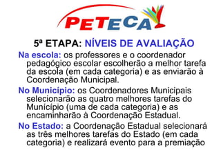 5ª ETAPA: NÍVEIS DE AVALIAÇÃO
Na escola: os professores e o coordenador
pedagógico escolar escolherão a melhor tarefa
da escola (em cada categoria) e as enviarão à
Coordenação Municipal.
No Município: os Coordenadores Municipais
selecionarão as quatro melhores tarefas do
Munícípio (uma de cada categoria) e as
encaminharão à Coordenação Estadual.
No Estado: a Coordenação Estadual selecionará
as três melhores tarefas do Estado (em cada
categoria) e realizará evento para a premiação
 
