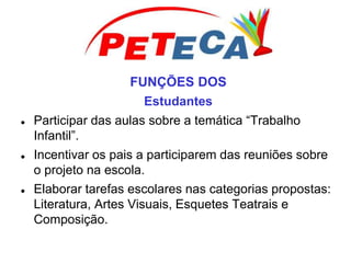 FUNÇÕES DOS
Estudantes
 Participar das aulas sobre a temática “Trabalho
Infantil”.
 Incentivar os pais a participarem das reuniões sobre
o projeto na escola.
 Elaborar tarefas escolares nas categorias propostas:
Literatura, Artes Visuais, Esquetes Teatrais e
Composição.
 